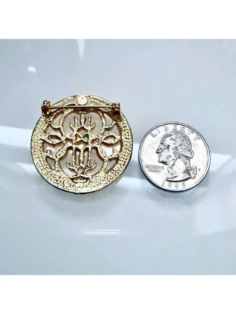 Vintage Gold Tone Filigree Monogram Round Brooch 1